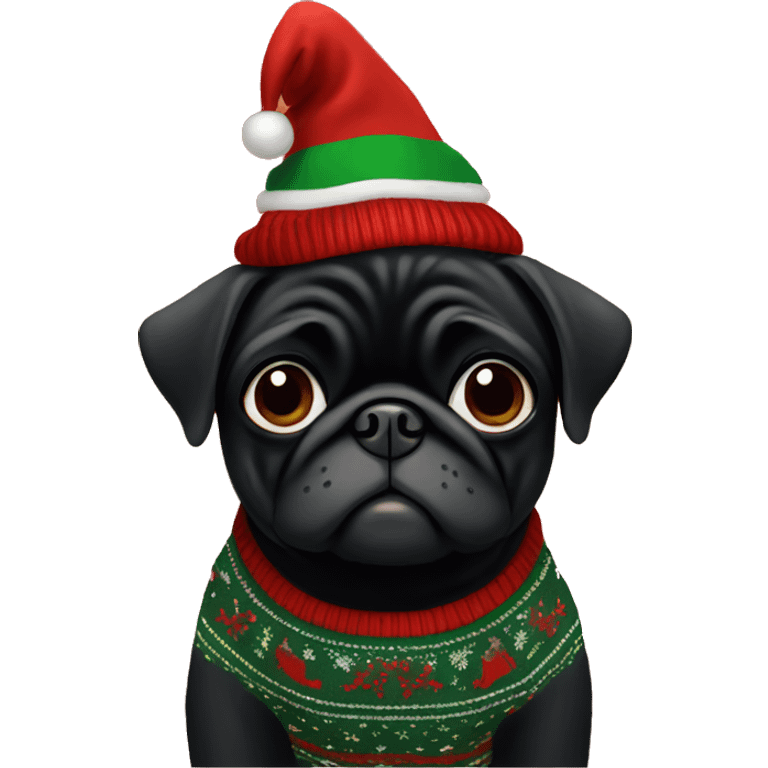 Black pug wearing christmas Sweater  emoji