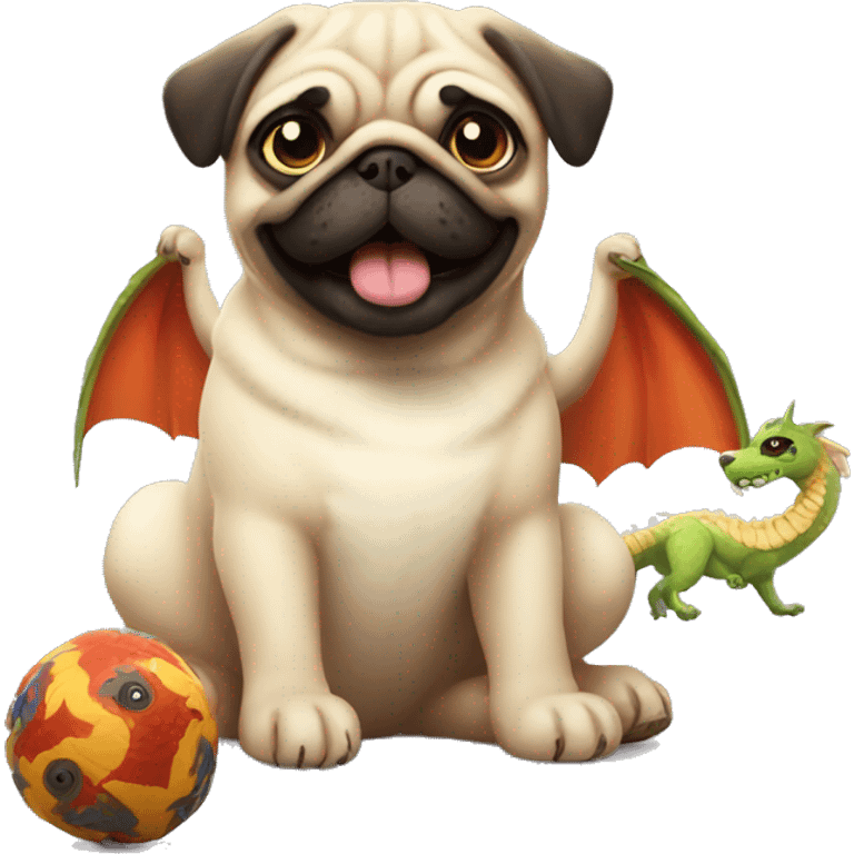 Fluffy pug playing with toy dragon emoji