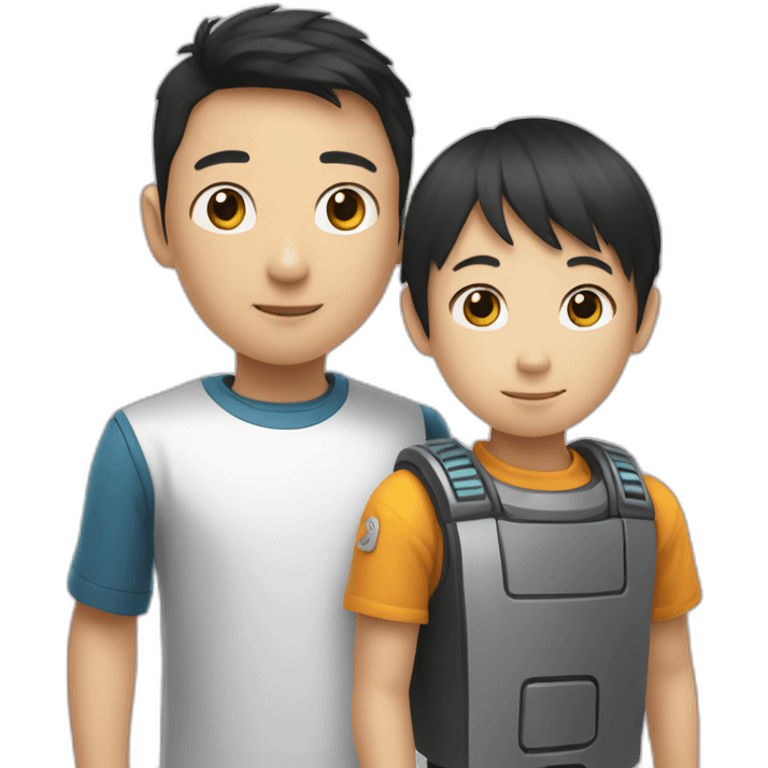 a AI robot and a asian kid boy, hand in hand emoji