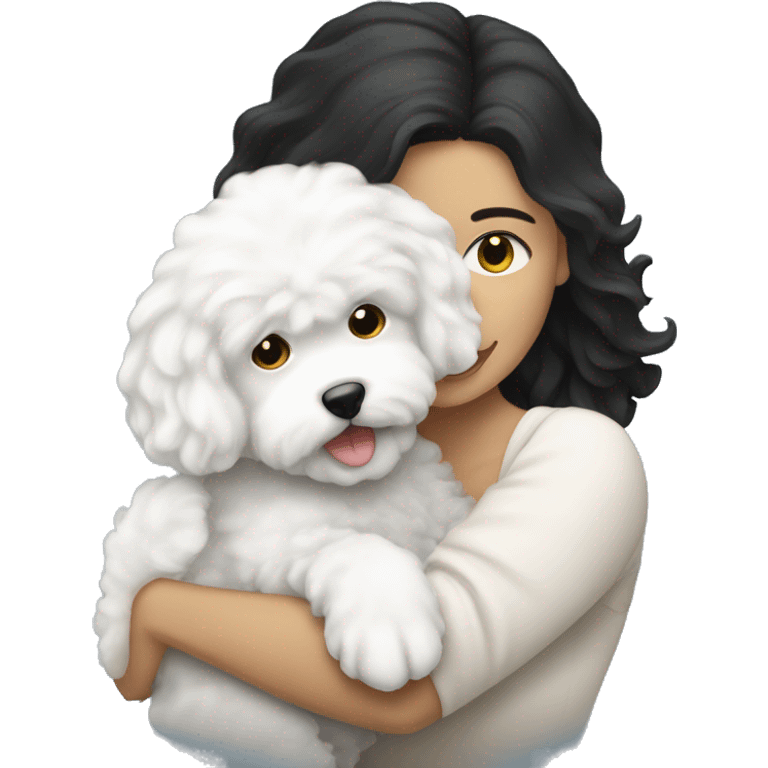 a long black-haired white woman hugging her bichon puppy emoji