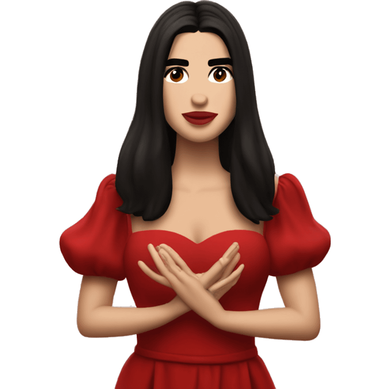 Dua Lipa with dark hair and a red dress while singing emoji