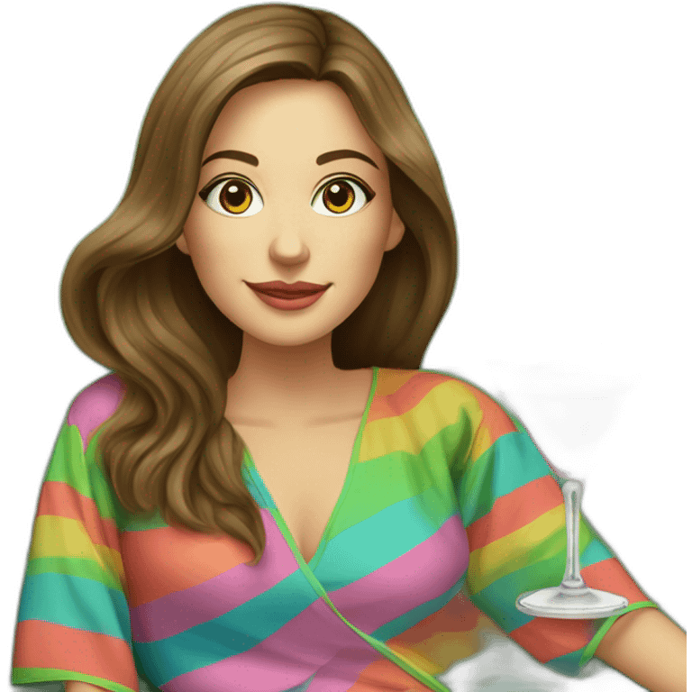 Caucasian woman with long brown hair sitting on a couch in front of a light green wall in a rainbow striped caftan holding a pink cocktail emoji