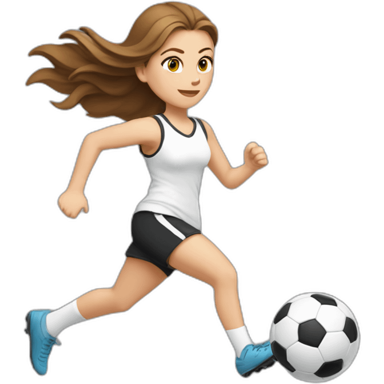 Caucasian girl with brown long hair running with a soccer ball wearing White short and black shorts emoji