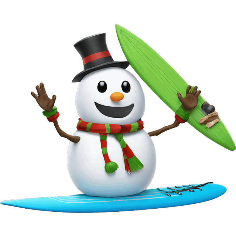 Snowman on a surfboard with an elf emoji