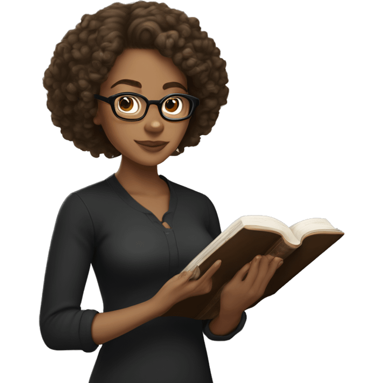 A women with brown medium curly hair, light skinned, full cheeks, black shirt and black glasses reading the Bible  emoji