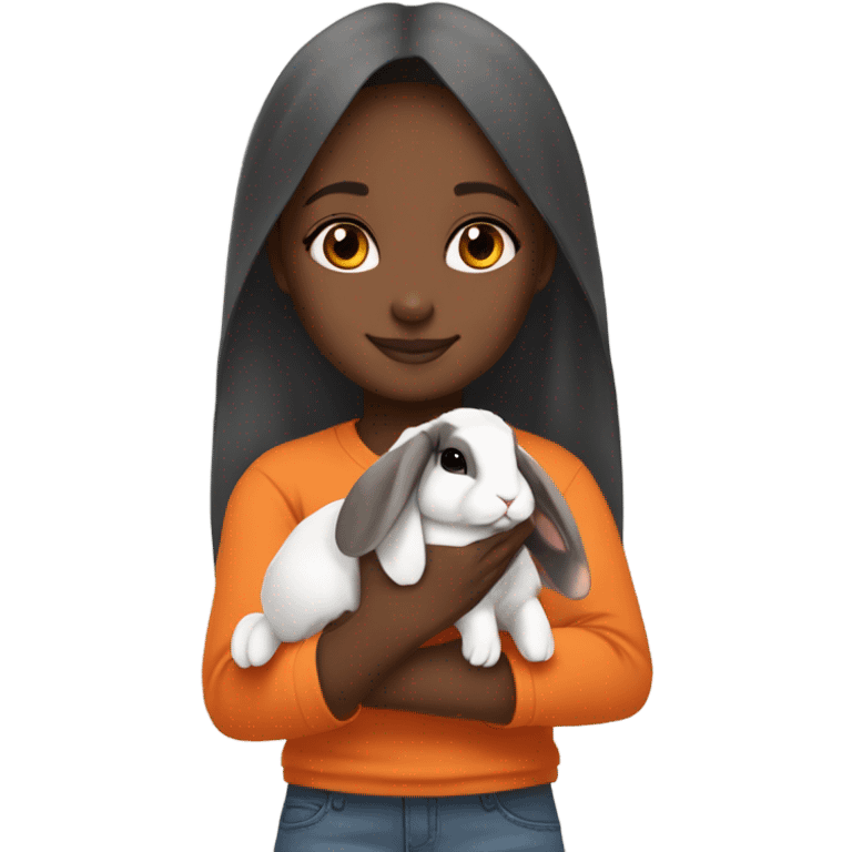 Black Muslim girl holding her cute orange, gray, and orange/black/white mix holland lop rabbits emoji