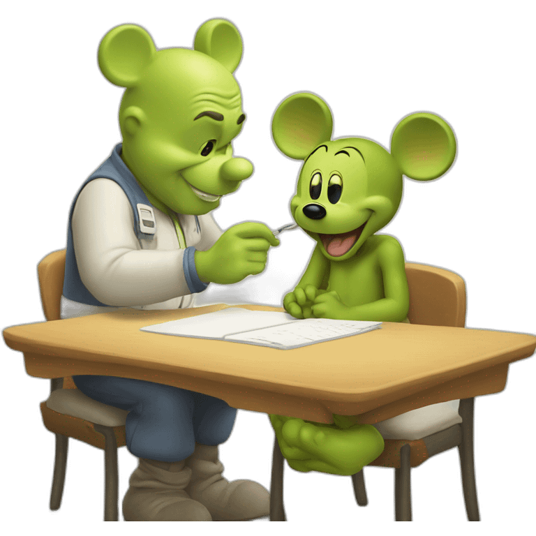 Mickey Mouse giving shrek an exam emoji