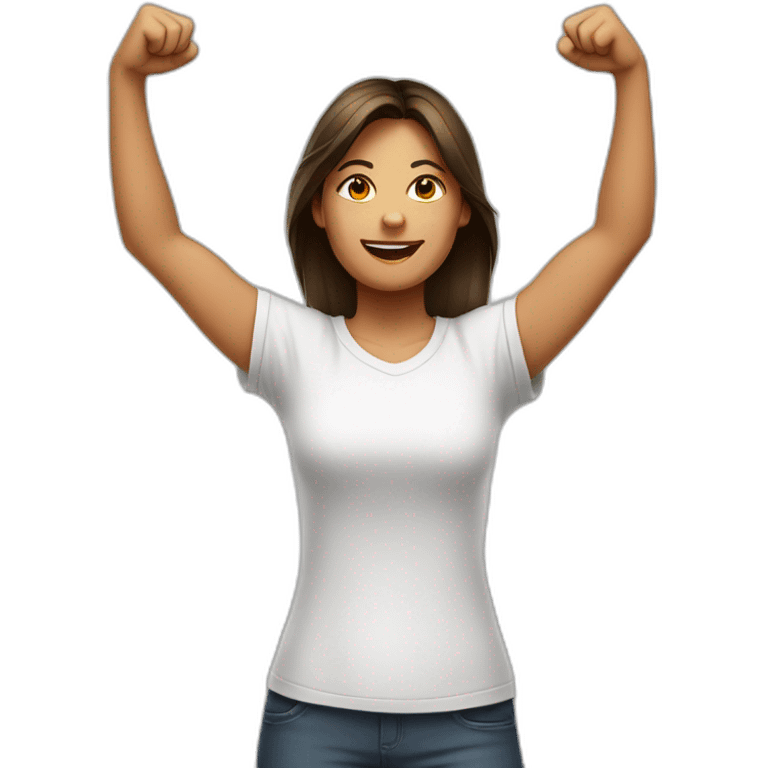 female in white t-shirt with both fists stretched high in victory emoji