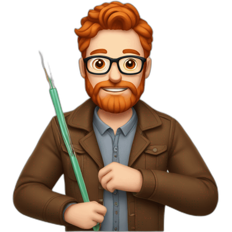 Red smooth haired man with beard and glasses making a saddle with needle and thread emoji