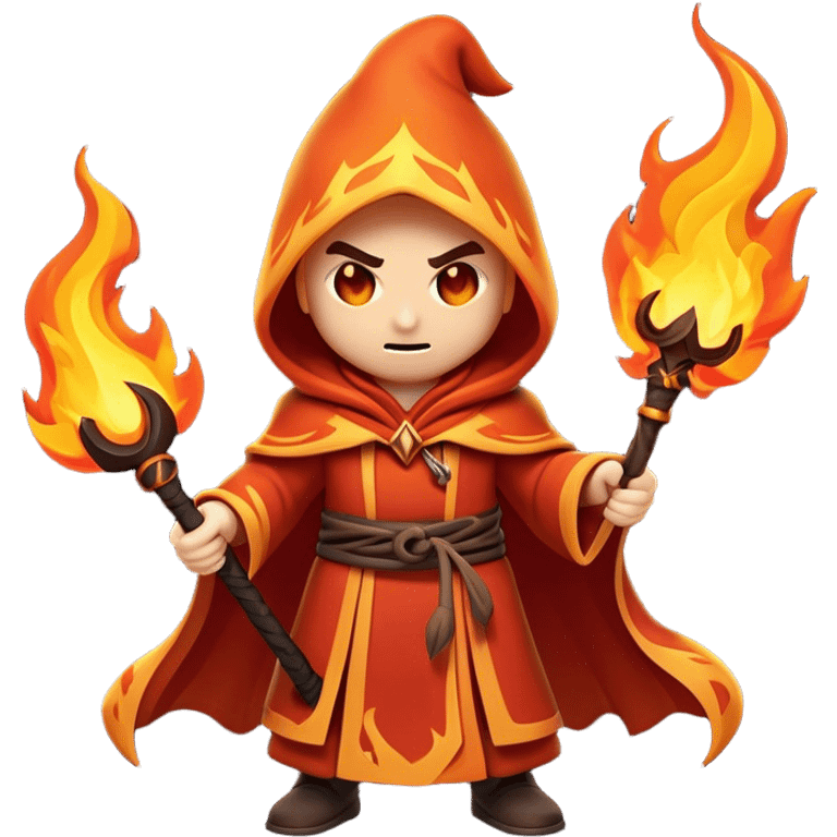 Clash of Clans aesthetic: Cinematic Ferocious Fire Mage Hero Emoji, rendered in a 3D vector-style similar to standard emojis with minimal shading and bold, simplified shapes. A compact, isometric figure draped in flowing, charred and ember-lined robes, wielding a fiery staff crackling with intense flames. Eyes burning with an infernal glow, exuding raw, untamed power. Simplified yet unmistakably iconic, highly detailed and consistent, glowing with a fiery, molten radiance and high shine. Stylized with a touch of menacing sorcery and a searing, ember-infused outline, capturing the essence of a wrathful mage ready to unleash devastating fire magic! emoji