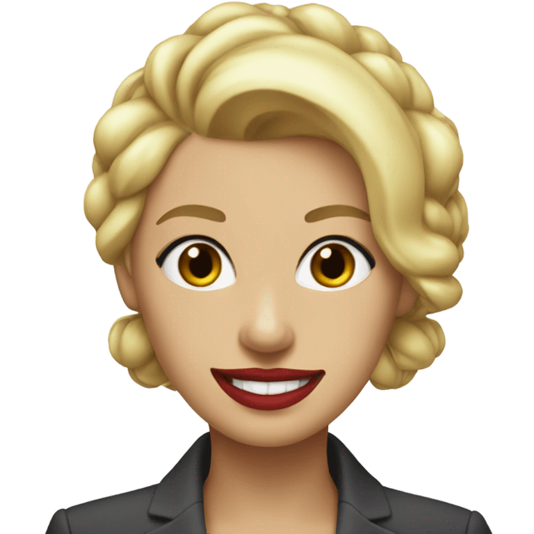 blonde woman with hair tied up in a suit and red lipstick smiling emoji