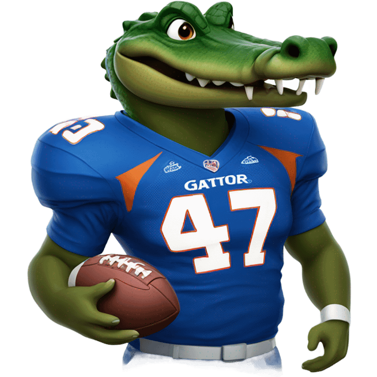 A gator with a big snout coming through the helmet in a epic gators tv football jersey playing football emoji