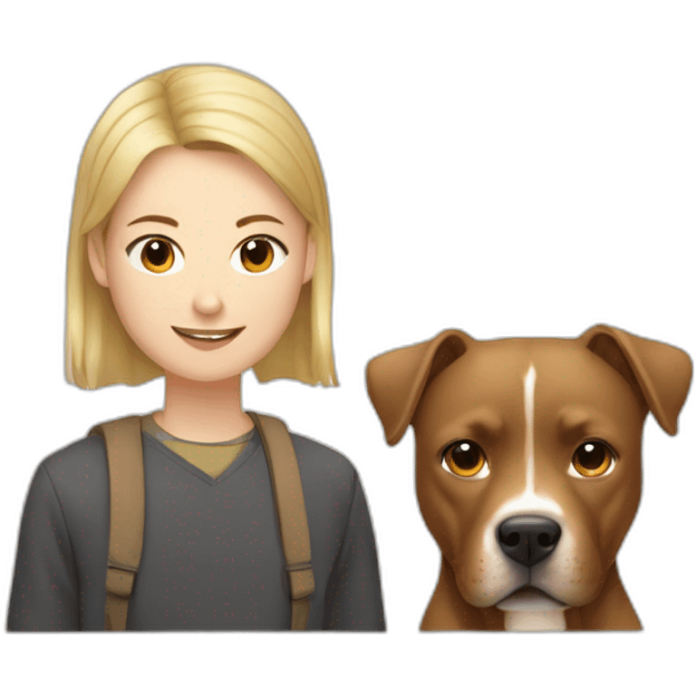 Young blonde man and Chinese lady with brown Staffordshire terrier dog emoji