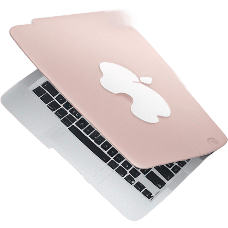 A sleek and modern MacBook Air laptop in a soft pastel pink color. The Apple logo on the back of the screen is white, contrasting elegantly with the pink finish. The laptop is slightly open, showing a glimpse of the white keyboard and silver edges. The design is minimalist and stylish, reflecting a premium aesthetic. emoji