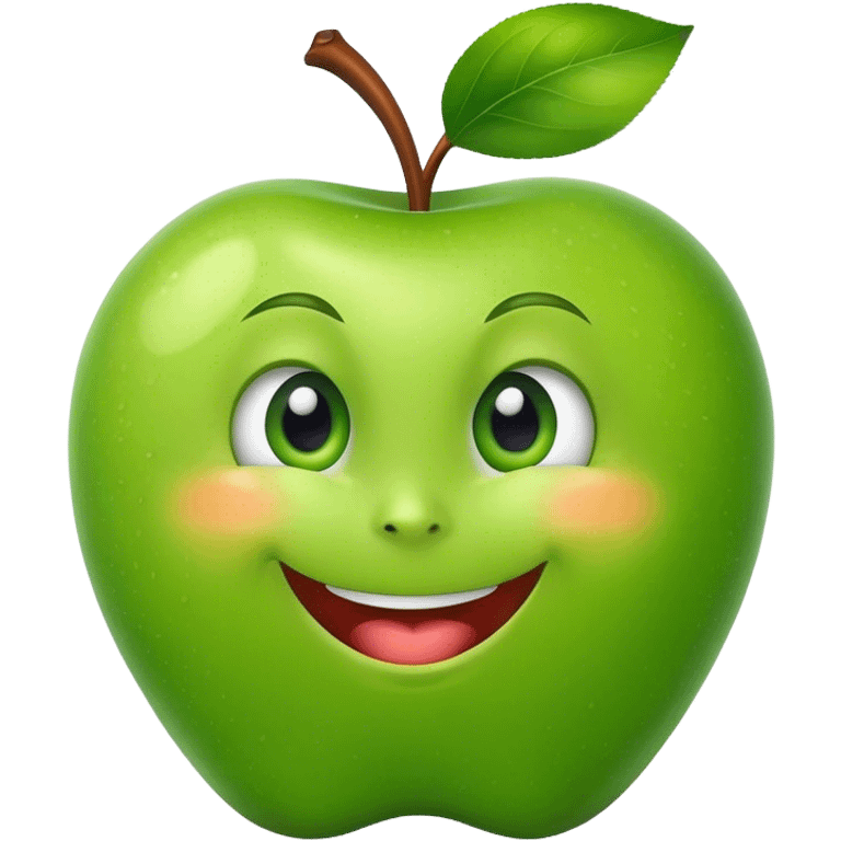 A green apple with a big smile and expressive eyes emoji