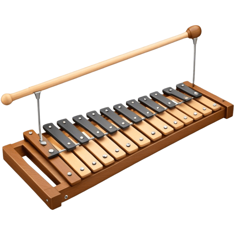 Create a vibrant and detailed emoji representing a Fleet FLT-SX37 xylophone. The design should feature the sleek wooden keys of the xylophone, arranged neatly on the frame, with metal bars clearly visible. Add the mallets placed beside the instrument or in motion, highlighting their soft rubber heads. Use warm, natural wood tones for the keys, with subtle metallic accents to reflect the professional quality of the instrument. Add small musical notes or soundwaves around the xylophone to evoke its bright, percussive sound. The background should be transparent. emoji