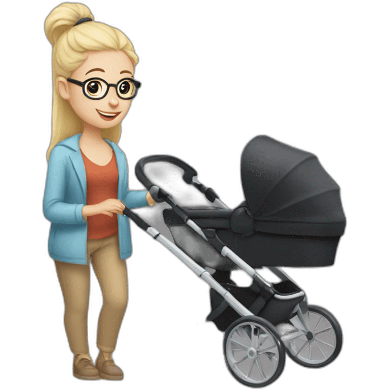 Black haired man with beard and glasses pushing buggy with blonde baby emoji