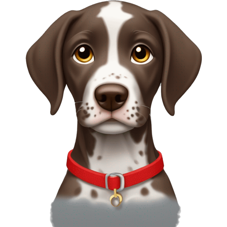 Brown spotted German short haired pointer puppy with ticking with red collar  emoji