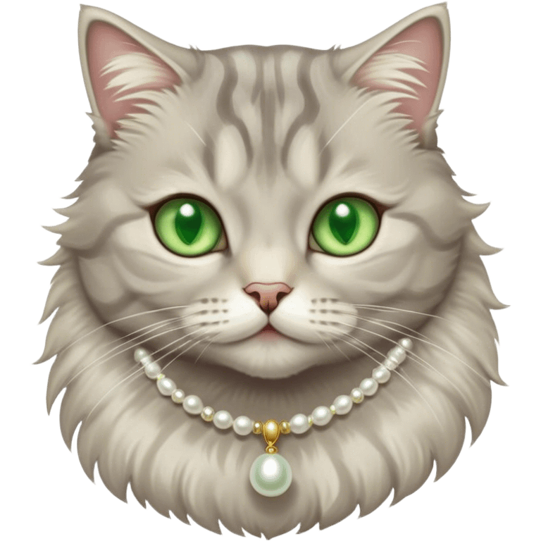 fluffy light grey tabby cat with green eyes, white tummy, and a pearl necklace  emoji