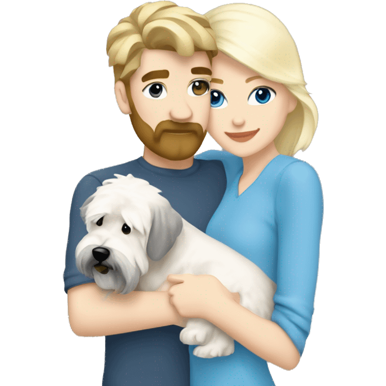 pretty woman blonde hair blue eyes hugging a white and gray soft coated wheaten terrier dog emoji