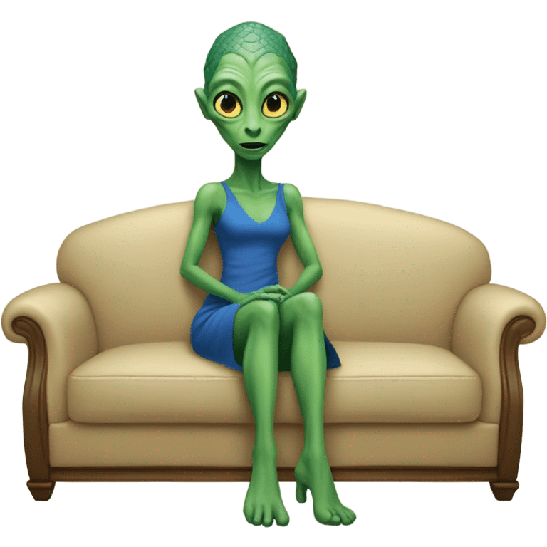 green alien reptilian woman in blue dress, sitting on a beige couch  emoji