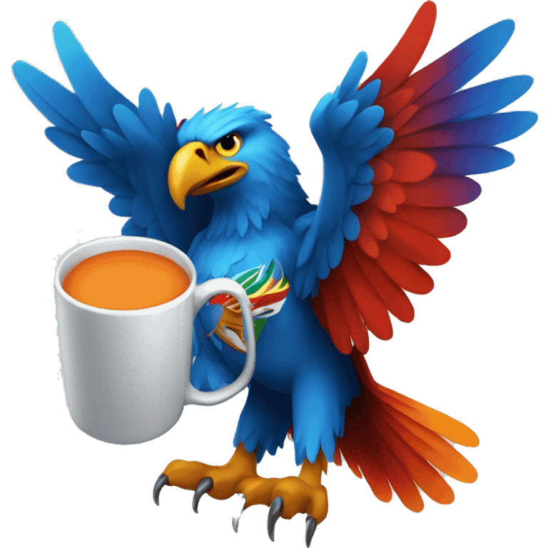 create a blue, blue eagle with colorful wings in the colors: orange, red and green holding a mug. emoji