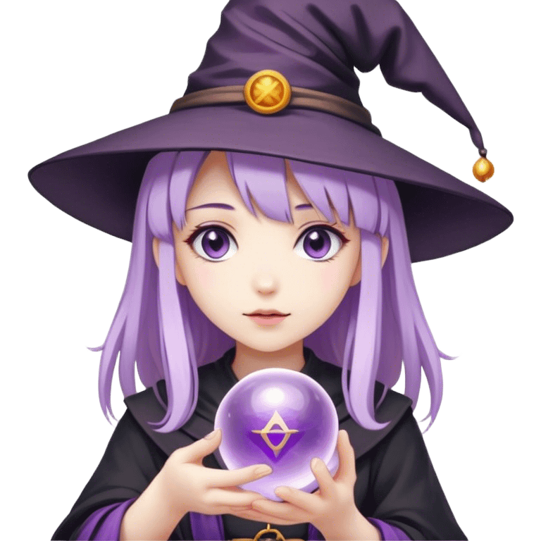 anime girl with lilac hair in a witch hat holding a fortune ball emoji