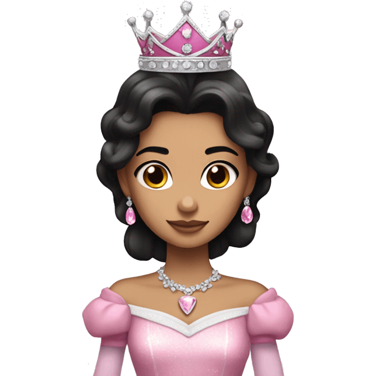 PRINCESS WITH WHITE SKIN, LONG VOLUMOUS BLACK HAIR, WITH PRINCESS CROWN, WITH PINK PRINCESS OUTFIT diamonds emoji