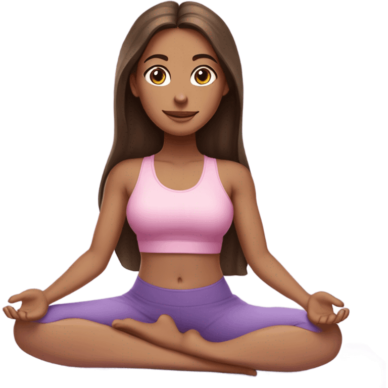 Brunette long hair and brown eyes yoga beautiful girl in light pink pink purple clothes sitting on a yoga mat emoji