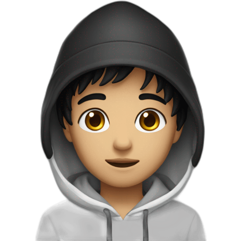 A boy with black eyes and black hair, wearing a black bucket hat and a white hoodie  emoji