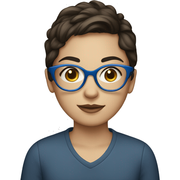 brunette teen with blue glasses, short hair and macbook emoji