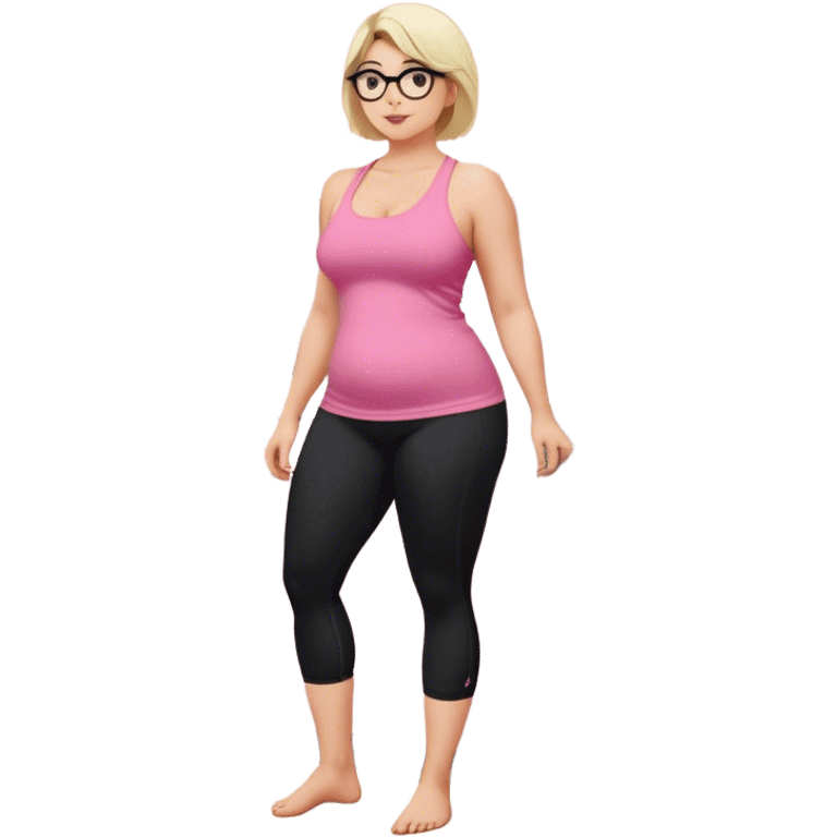 Full body view from the side, fair skinned woman, curvy, short blond hair, small reading glasses, cooking dinner in kitchen, pink loose tank top, showing natural B cup breast shape SFW, black yoga pants, large curvy booty emoji