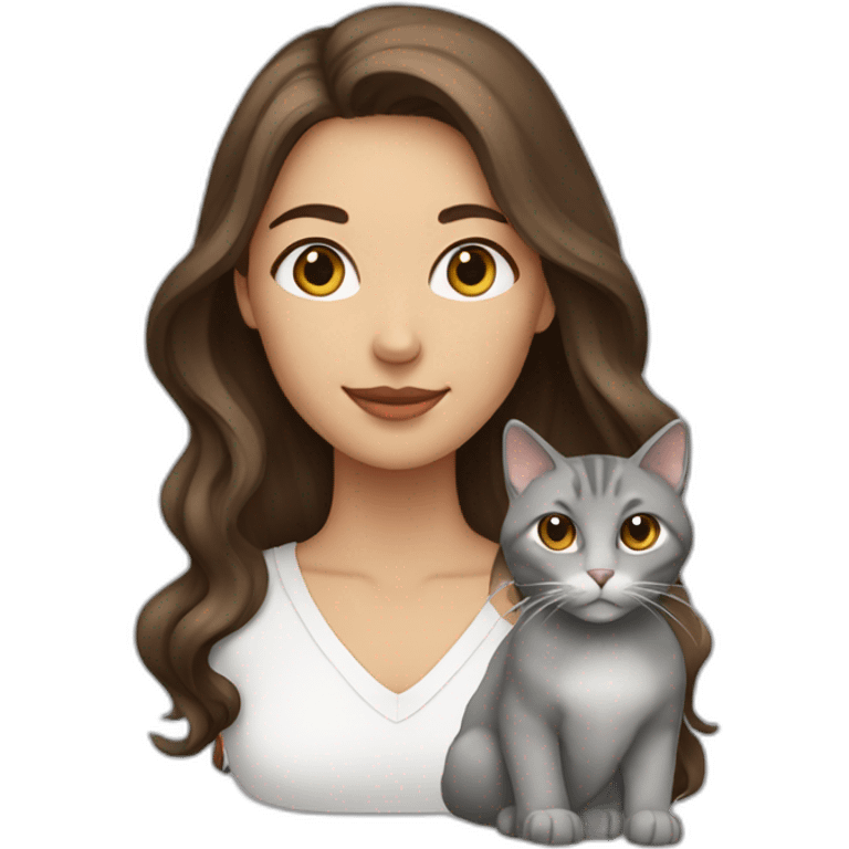 A woman with long wavy brown hair and a grey cat emoji