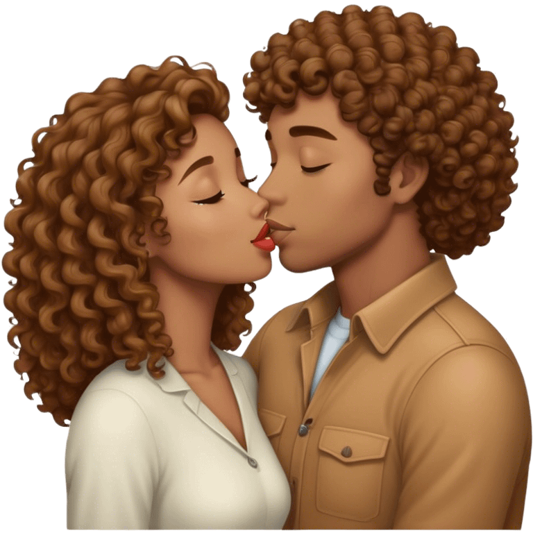 light brown skin curly hair girl kissing white man with brown hair emoji