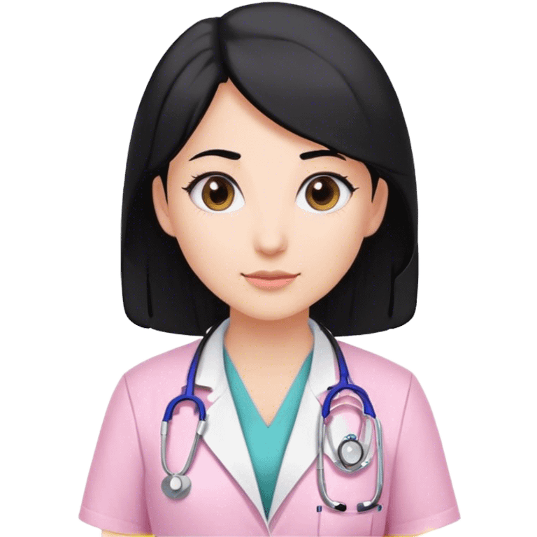 A female doctor with black hair wearing white lab coat over pink scrubs and stethoscope  emoji