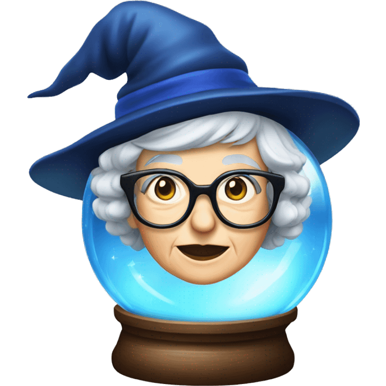 smart granny witch with glasses and blue hat in crystal ball emoji