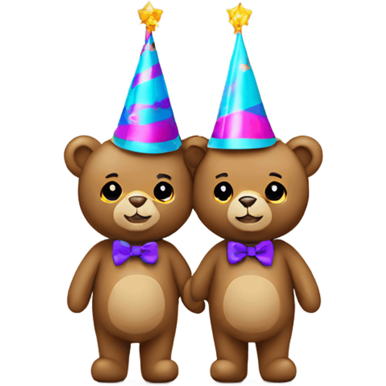 2 teddy bears wearing party hats and holding hands emoji