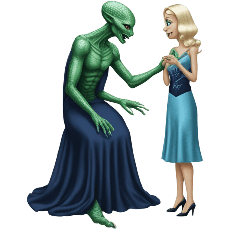 alien reptilian green skin woman, in long slim pastel blue formal party satin dress with gradient shiny sparkling navy blue diamonds embroidered , and caucasian man in black dres on his knees asks her to marry her emoji