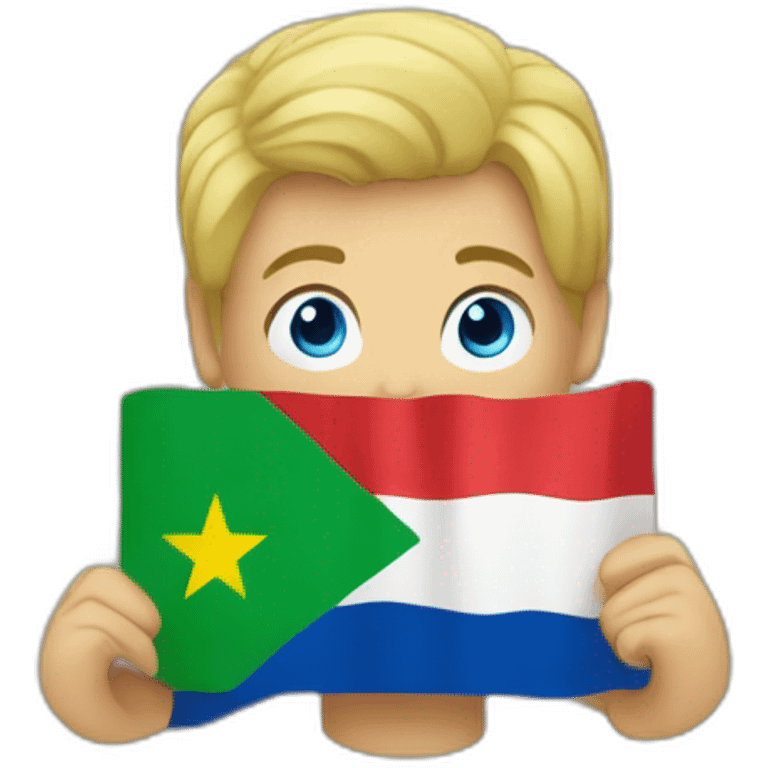 A man with blond hairs, holding an iphone and a portugueese flag.  emoji