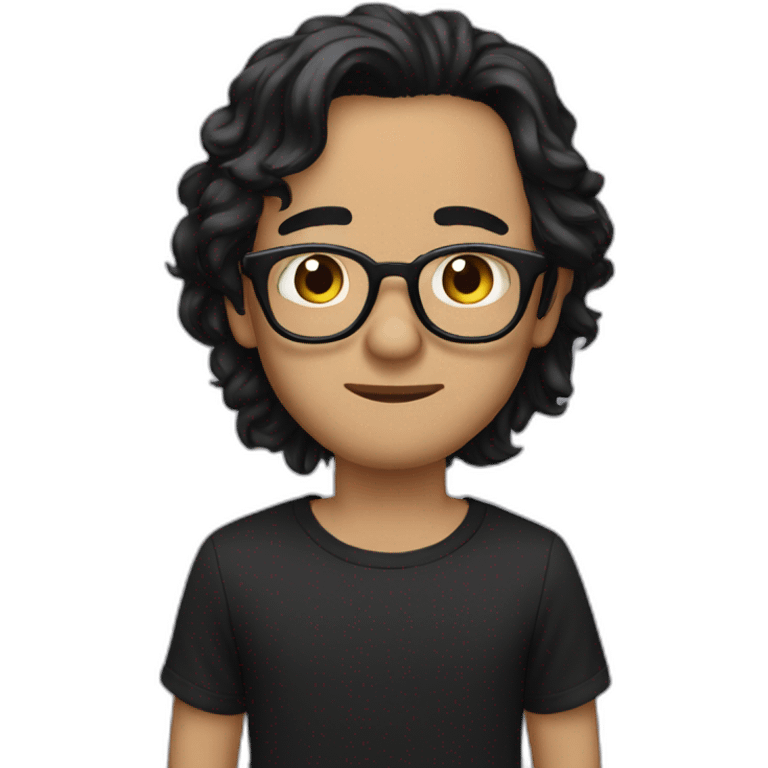 Beige guy, black eyes, black long wavy hair, no facial hair, thin long nose, round glasses, black t shirt emoji