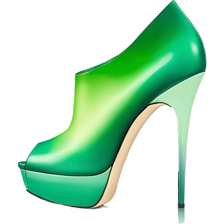 Realistic isolated top front view of a pair of emerald green to mint green ombre Jimmy Choo peep toe stiletto ankle booties. emoji