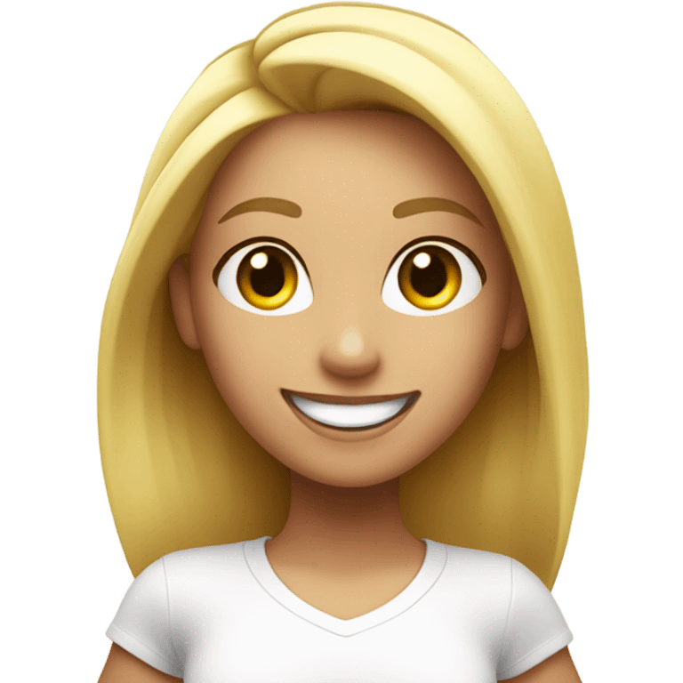 Blond girl smiling in with Zumba logo on white t-shirt emoji