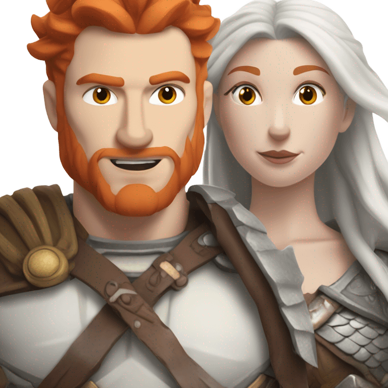  White Viking red head pale skin beautiful dragon  queen with a Viking solder with a gray man bun built white solder on a dragon  emoji