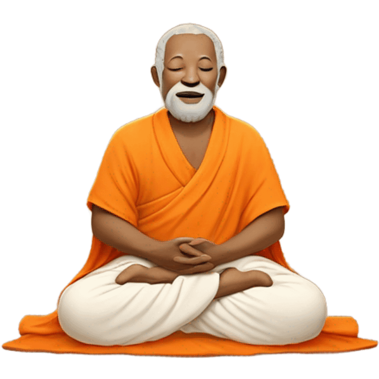 an old yogi with a peaceful and meditative expression. The character should be wearing an orange robe, symbolizing traditional yogic attire. The yogi can be sitting in a lotus position with closed eyes, a gentle smile, and a serene aura. emoji