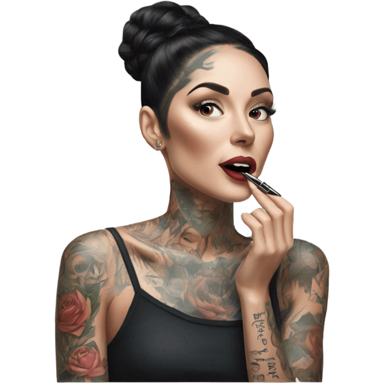 Hyper Realistic Beautiful lightly tattooed woman applying make-up in a mirror  emoji