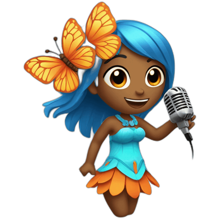 Cartoon Blue and orange girli tiki singing with butterfly and in the mikrophone emoji