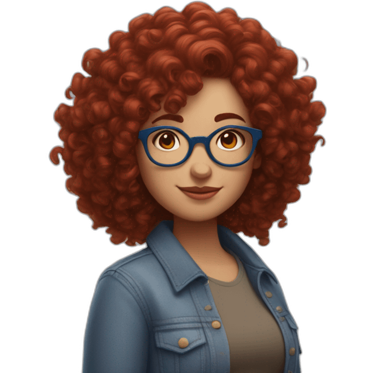 A curvy girl with dark red curly hair and blue glasses in full body in Pixar style emoji