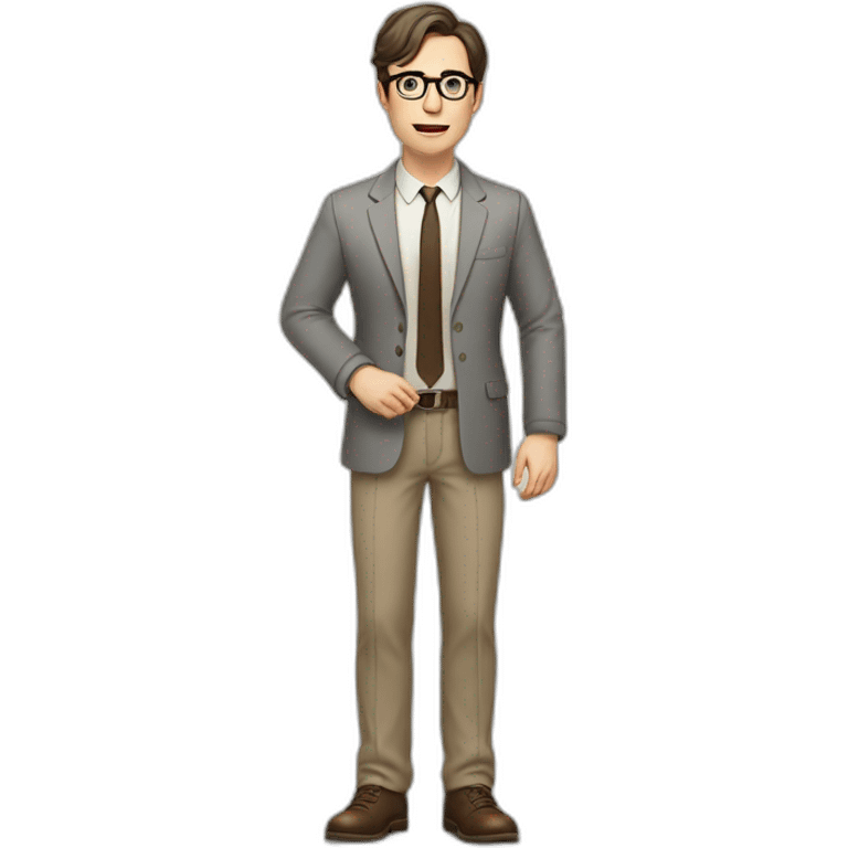 Full height Actively Gesturing Pale skinned fit man with dark brown hair in gray jacket, beige office shirt, brown tie, brown pants and vintage glasses. emoji