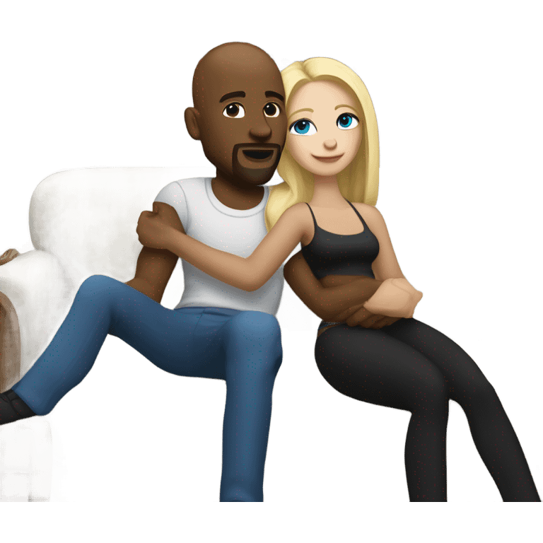 Blonde woman with blue eyes and long straight hair and black man who is bald with a goatee seated together on a sofa enjoying a passionate embrace.   emoji