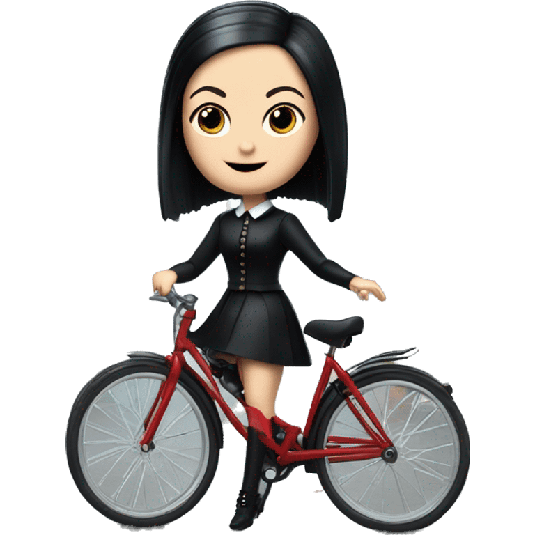 Birdhouse design of Wednesday Addams (from the tv series) skipper Barbie riding a bike To Nevermore Academy  emoji